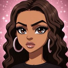 an animated image of a woman with long hair and large earrings on her face, looking at the camera