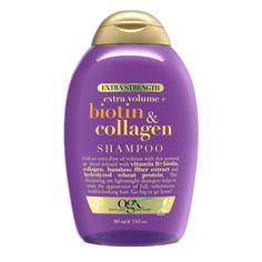 OGX Extra Strength Biotin & Collagen Shampoo is a volume-creating powerhouse with an extra helping of vitamins and proteins to pump up flat strands. Extra body doesn't mean extra weight with a thickening, sulfate-free surfactant blend of nourishing ingredients for full, voluminous hair. Biotin, or vitamin B7, is crucial for skin, nail, and hair health. Paired with collagen, this blend helps nourish hair for a full, healthy look. Be ready for a night out with extra strength conditioning designed Ogx Hair Shampoo And Conditioner, Ogx Hair Products Growth, Best Shampoo For Colored Hair Drugstore, Volume Hair Shampoo, Ogx Shampoo, Biotin And Collagen Shampoo, Stimulating Hair Growth, Protein Benefits, Shampoo For Fine Hair