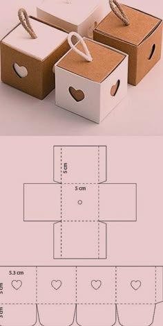 two boxes with hearts on them are shown next to the box that is cut out