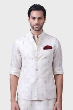 Off white and gold waistcoat with zari butti embroidery. - Aza Fashions Designer White Nehru Jacket For Semi-formal Occasions, White Nehru Jacket With Stand Collar For Festive Occasions, White Festive Nehru Jacket With Stand Collar, Festive White Nehru Jacket With Stand Collar, Traditional Fitted White Vest, Fitted Traditional White Vest, Gold Waistcoat, Butti Embroidery, Raghavendra Rathore