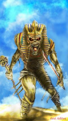 a painting of an egyptian warrior with two swords in his hand and the sky behind him