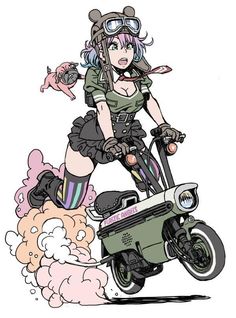 a woman riding on the back of a motorcycle with steam punk clothing and goggles