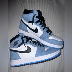 Never Worn, No Creases! Nike Jordan 1 Blue, Nike Shoes 10 And 11 Yr, Nike Jordans Women Blue, Nike Air Force 1 High Og White Blue, Blue High Top Nike Shoes, Shiny Blue Air Jordans, Blue Mid Jordans, Nike Air Jordan University Blue, Nike Blue Air Jordans