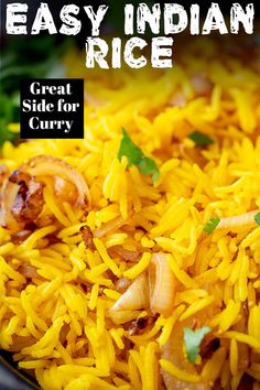 Learn how to make this easy Indian Rice. A delicious side dish, perfect for serving with a curry. With only a handful of ingredients, you can make this restaurant-style Indian Pilaf at home! Fragrant fluffy basmati rice, packed with flavor and all cooked on the stovetop, this yellow rice is so much better than takeout and so easy to make at home. It is easy to make, and can be frozen in batches for days when time is tight, but you don't want a takeaway. How To Cook Indian Rice, Easy Indian Rice, Indian Basmati Rice Recipes Easy, Rice For Indian Food, Pilau Rice Recipe Indian, Indian Curry Rice Recipe, Indian Food Easy Recipes, How To Make Indian Rice, Flavored Basmati Rice Recipes