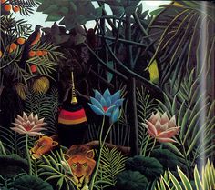 an image of a painting of animals in the jungle with flowers and plants around it