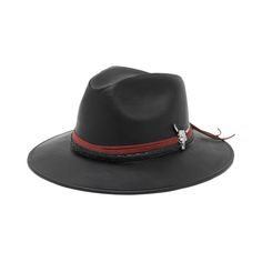 For those who enjoy playing with the universe's possibilities, a fusion of the night and your internal being. 100% handmade fedora made with synthetic black leather and red suede band, decorated with a bull skull on the side. (Unisex). Leather Western Fedora For Travel, Western Leather Fedora For Travel, Black Leather Felt Hat With Short Brim, Western Style Leather Fedora For Travel, Black Leather Felt Hat With Curved Brim, Black Leather Western Felt Hat, Classic Black Leather Fedora, Black Leather Brimmed Felt Hat, Black Brimmed Felt Hat In Leather