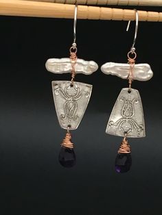 "These earrings are from my Nature Line. These earrings are made up of 14k Rose gold fill wire, .999 fine silver Art Clay, Fresh Water Biwa Pearls, and Amethyst. They are suspended from round French ear wires in .925 Sterling silver. These earrings will hang 2.25\" inches from the top of the ear wire to the bottom of the Amethyst. These earrings will come gift boxed. Hand crafted in the USA by me!" Artistic Sterling Silver Teardrop Earrings, Artisan Rose Gold Sterling Silver Jewelry, Artistic Silver Copper Earrings, Artistic Silver-colored Copper Earrings, Artisan Dangle Earrings For Anniversary, Unique Earrings With Ear Wire For Anniversary, Artistic Hammered Sterling Silver Jewelry, Unique Anniversary Earrings With Ear Wire, Artisan Hand Forged Earrings Gift