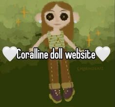 an animated monkey with the words coraline doll website on it's chest and feet