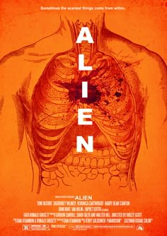 an orange poster with the word alien on it's chest and ribcage