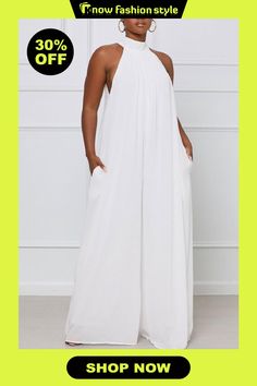 White Elegant Solid Patchwork Halter Straight Jumpsuits Floral Dress Formal, Off Shoulder Jumpsuit, Lace Formal Dress, Jumpsuit Pattern, Split Maxi Dress, Lace Dress Long, Plus Size Jumpsuit, Swimsuit Dress, White Jumpsuit