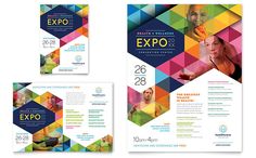 an expo brochure is shown with colorful geometric shapes and colors on it, including the