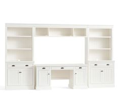 a white desk and bookcase with drawers on each side, against a white background