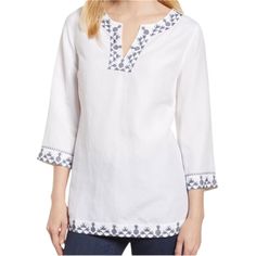 Tommy Bahama Prim Pina White Linen-Blend Tunic With Navy Embroidery. Nwot. 54% Lyocell, 46% Linen Approx: 20” Armpit To Armpit 46% Linen Beach Tops With Embroidered Border, White Tops With Embroidered Border For Spring, White Top With Embroidered Border For Spring, Short Kurti Designs, Tunic Designs, New Blouse Designs, Women Blouses Fashion, Kurta Neck Design, Kurti Neck Designs