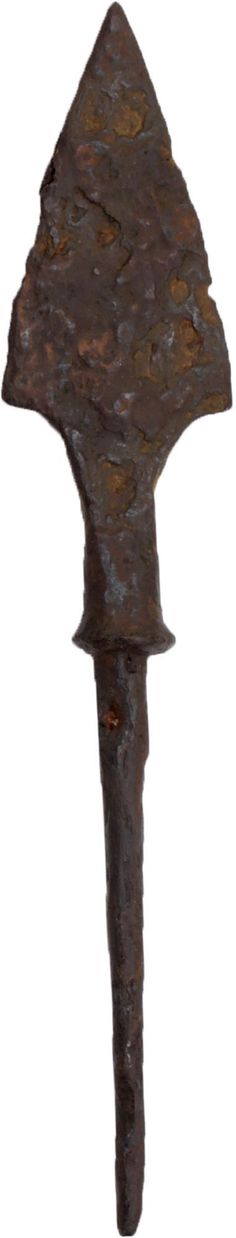 an old rusted metal object with a long handle on it's end, against a white background