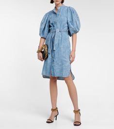 Puff Sleeve Denim Shirt Dress in Blue - Stella Mc Cartney | Mytheresa Chic Shirts, Denim Shirt Dress, Women's Blouses, Dress Silhouette, Puffed Sleeves, Denim Shirt, Women's Tops, Denim Wash, Puff Sleeves