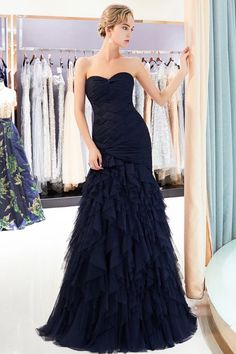 Mermaid Sweetheart Strapless Draped Tulle Long Evening Dress | MISSHOW – misshow.com Prom Dress Cheap, Gowns Simple, State Banquet, Writing Room, Navy Prom Dresses, Maxi Vestidos, Modest Prom Dresses, Prom Dresses With Pockets, Modest Prom