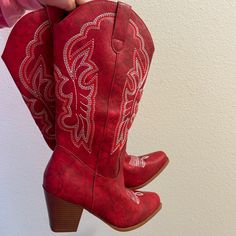 Brand New Red Cowgirl Boots! Never Worn, Just Didn’t Fit Like I Was Hoping! Fall Red High Heel Mid-calf Boots, Western Style Red Mid-calf Boots For Fall, Red Mid-calf Boots With Round Toe For Winter, Red High Heel Mid-calf Boots For Fall, Red Round Toe Mid-calf Boots For Fall, Red Western Mid-calf Boots For Winter, Casual Red Mid-calf Boots For Fall, Red Western Heeled Boots With Round Toe, Red Western Style Heeled Boots With Round Toe