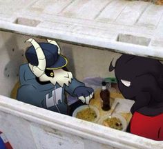 two cartoon characters in an open bin with food and drinks on the table next to each other