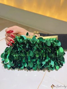 BirdinBag - Stylish Glitter Clutch: Womens Evening Party Bag, Fashionable Hand Purse Ruched Bag, Hand Purse, Glitter Clutch, Party Clutch, Inch Bag, Word Wrap, Green Pattern, Party Bag, Evening Party