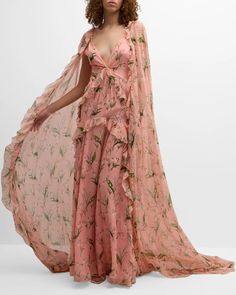 Carolina Herrera Plunging Floral-Print Ruffle Cape Gown | Neiman Marcus Wes Gordon, Cape Gown, Mom Clothes, Soft Gamine, Chiffon Gown, American Design, Carolina Herrera, First Lady, Garden Wedding