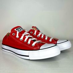 Brand New Low Top Converse Unisex Women’s Size 8 Men’s Size 6 Comes With Original Box Never Worn Red Low-top Canvas Shoes For Streetwear, Red Sporty Canvas Shoes For Sports, Red Canvas Shoes For Sports, Red Low-top Canvas Shoes For Sports, Red Converse Canvas Shoes For Streetwear, Classic Red Converse Sneakers, Sporty Red Canvas Shoes For Streetwear, Casual Red Cotton Sneakers, Casual Sneakers With Red Accents For Streetwear