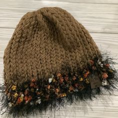 Handmade Brown Fuzzy Knitted Winter Hat, It’s New And Made By Me. The Hat Is Made With Brown Acrylic Yarn And Fuzzy Thread. It Comes From A Smoke Free Home. Sweater Coat Pattern, Red Hat Society, Brown Acrylic, Crochet Beanie Hat, Pink Beanies, Hat Embroidery, Diy Hat, Panel Hat, Handmade Hat