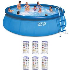 the intex easy set swimming pool is shown with six water cans and five people in it