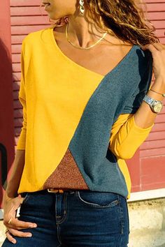 Geometric Colourblock Top - Daisy Store Basic Long Sleeve, Basic Tops, Fashion Colours, Long Sleeve Casual, Casual T Shirts, Look Fashion, Long Tops, T Shirt Top, Casual Tops