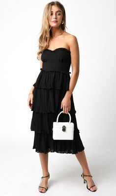 Strapless Tiered layer Midi Evening Strapless Midi Dress With Ruffles, Strapless Tiered Dress For Summer Evenings, Tiered Strapless Evening Dress For Summer, Tiered Strapless Dress For Summer Evenings, Elegant Strapless Dress With Ruffles For Day Out, Elegant Strapless Ruffle Dress For Day Out, Chic Black Strapless Dress With Ruffles, Tiered Midi Dress For Night Out, Chic Tiered Dress For Night Out