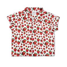 Very Hungry Caterpillar™ Strawberry Shirt – Little Goodall Spring Cotton Shirt With All Over Print, Collared Cotton Shirt With All Over Print, Cotton Shirt With All Over Print For Spring, Printed Cotton Camp Shirt For Spring, Relaxed Fit Cotton Camp Shirt With Collar, Printed White Cotton Camp Shirt, Printed Cotton Collared Camp Shirt, White Printed Cotton Camp Shirt, Spring Collared Camp Shirt With All Over Print