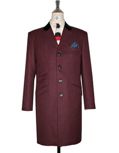 "60s Mod Winter Burgundy Houndstooth Coat Material : 60% Wool 40% Poly Color: Burgundy Description: High collar Notch lapel classic 3/4 over coat Length Size:  Short length : Collar seam to bottom    =    35\" Regular length: Collar seam to bottom  = 37''  Long length: Collar seam to bottom      = 39\" 4 buttons overcoat Single Breasted top pocket  Black velvet on collar, Notch narrow lapel. both side 1-1 hips pocket with flap, Right side 1 traditional ticket pocket with flap Single vent at the Semi-formal Houndstooth Outerwear With Notch Lapel, Semi-formal Houndstooth Notch Lapel Outerwear, Formal Houndstooth Sport Coat For Winter, Winter Formal Houndstooth Sport Coat, Semi-formal Houndstooth Outerwear With Lapel Collar, Winter Business Tweed Jacket With Houndstooth Pattern, Winter Business Houndstooth Tweed Jacket, Semi-formal Long Sleeve Outerwear With Houndstooth Pattern, Fitted Semi-formal Outerwear With Houndstooth Pattern