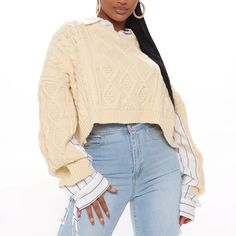 New With Tags Comes With Collar Underneath Size Xsmall Oversized Fit Trendy Cream Cropped Sweater For Spring, Trendy Cream Sweater, Oversized Beige Cropped Sweater, Casual Cropped Cream Sweater, Trendy Beige Cable Knit Top, Trendy Cream Knit Cropped Sweater, Trendy Cream Cropped Crew Neck Sweater, Open Back Sweater, Fashion Nova Tops