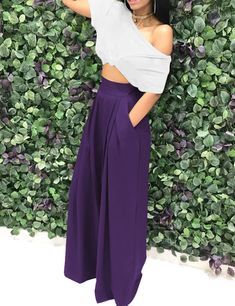 Purple Pocketed Wide Leg Casual Pants Wide Leg Casual Pants, Casual Bottoms, Fashion Bottoms, Casual Wide Leg Pants, High Waist Bottoms, Fashion Gallery, Yellow Fashion, Green Fashion, Wholesale Fashion