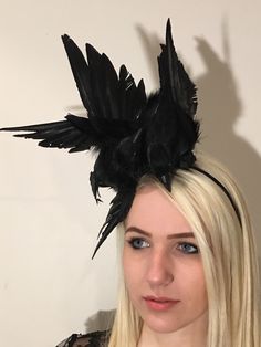 "Black Bird fascinator -Crow- The Birds- Halloween- Feather Headband -Derby- Ravens- goth- Steampunk- Mad Hatter Hello, I have one made so it can ship within a day or two. This fascinator is perfect to add whimsy and is just so fun you'll be the life of the party. A great conversation piece Wear this with a 1960's tweed suit and your \"the Birds\"! This black feather fascinator has 2 black feather bird... I call them Alfred and Tippy. It has great movement. It not a real bird, its styrofoam cove Black Punk Hat For Cosplay, Black Gothic Mini Hats For Costume Party, Black Gothic Hat For Cosplay, Fitted Black Costume Accessories For Alternative Fashion, Edgy Black Costume Accessories For Alternative Fashion, Adjustable Black Mini Hats For Cosplay, Edgy Black Accessories For Alternative Fashion, Black Fitted Fantasy Costume Hats And Headpieces, Black Punk Costume Hats And Headpieces