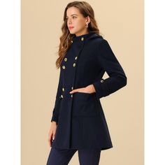 Timeless yet vintage-inspired design, this double-breasted hoodie coat is perfect for a casual and formal occasion in spring, autumn, and winter. This classic coat features a stand collar, hoodie, and pockets for wardrobe addition. Simple pair with sophisticated clutch bags and chic high-heeled shoes for a modern chic look. Slip into this coat on your way to work during cool mornings, or add it as a comfortable layer to your everyday t-shirt and jeans. Classic Coat, Chelsea Boots Women, Classic Coats, Hoodie Coat, Black Velvet Dress, Wool Peacoat, Tweed Dress, Woman Standing, Denim Midi Skirt