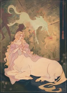 a drawing of a woman sitting on top of a unicorn