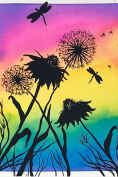 a painting of dandelions and dragonflies against a colorful sky with watercolors