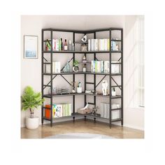 a book shelf with many books on it in a room next to a potted plant