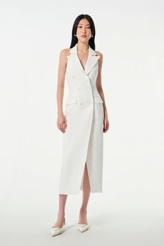 Chic Notched Blazer Dress For Spring, Chic Spring Single-breasted Midi Dress, Chic Single-breasted Midi Dress For Spring, Chic Semi-formal Notched Blazer Dress, Chic Spring Midi Dress Single Breasted, White Notch Lapel Dress For Work, Chic Tailored Dress With Hidden Button Closure, Chic Midi Length Dress With Hidden Button Closure, Chic Midi Dress With Hidden Button Closure