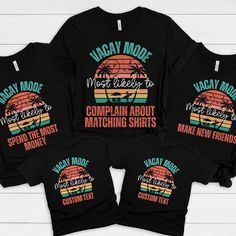 These fun custom family vacation matching tees are perfect to give as a gift to friends and family in your life. Wear these on your next family or friend vacay trip and have fun with the personalized Most Likely to message. When ordering Select the size shirt that you'd like and the most likely to message. Add it to your cart. Repeat for each shirt you order. Content + Care -Machine wash cold and tumble dry low Size + Fit -True To Size Fit (American Uni-Sex Sizes for T-Shirts) -Available in baby Friends Vacation Shirts Funny, Funny Family Vacation Shirts Ideas, Matching Shirts For Friends, Friends Vacation, Florida Family Vacation, Girl Trip, Friend Vacation, Vacation Florida, Funny Travel