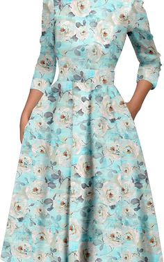 Women's Floral Vintage Dress Elegant Midi Evening Dress 3/4 Sleeves