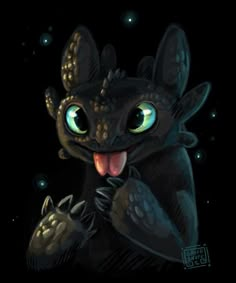 a black dragon with glowing green eyes