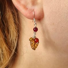 Autumn Crystal Leaf Earrings Dangly Dropper Earrings Sterling Silver Fall Red Garnet Amethyst Purple Green Orange Brown Beads - Etsy Handmade Amber Teardrop Earrings, Red Handmade Drop Earrings, Handmade Amber Beaded Round Earrings, Handmade Amber Round Bead Earrings, Handmade Amber Earrings With Round Beads, Handmade Amber Earrings Gift, Handmade Amber Earrings For Gift, Hypoallergenic Czech Glass Earrings For Gift, Amber Dangle Earrings With Lever Back