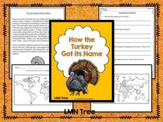 the turkey got its name worksheet is shown with an orange background and yellow border