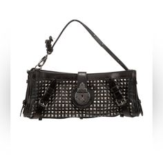 - Black Leather With Gunmetal Hardware - Minor Scratches On Hardware - Minor Discoloration Handle Drop: 4" Height: 4.75" Width: 11.25" Depth: 1.25 Designer Evening Shoulder Bag With Metal Hardware, Leather Shoulder Bag With Branded Hardware For Party, Party Leather Shoulder Bag With Branded Hardware, Luxury Black Evening Bag With Metal Hardware, Leather Evening Bag With Silver-tone Hardware For Party, Designer Black Bags With Hardware, Black Evening Bag With Hardware, Black Evening Bags With Hardware Details, Designer Rectangular Bag With Hardware