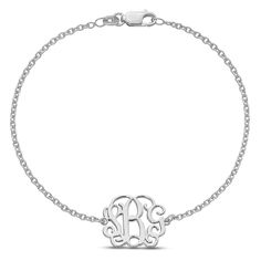 A cherished piece of personalized jewelry with this monogram bracelet. Designed in rhodium plated sterling silver, this signature bracelet holds a charm that may be scripted with your choice of maximum 3 initials in QGVineNew font. This 8.5-inch long and bracelet secures with easy to use lobster clasp. Classic Name Bracelet With Initials For Anniversary, Personalized White Gold Charm Bracelet, Classic Hypoallergenic Bracelets As Personalized Gift, Classic Hypoallergenic Bracelets For Personalized Gifts, Classic Personalized Name Bracelet, Elegant White Gold Name Bracelet As Personalized Gift, Classic Silver Bracelet With Name, Classic White Gold Name Bracelets, Classic Personalized Sterling Silver Bracelet