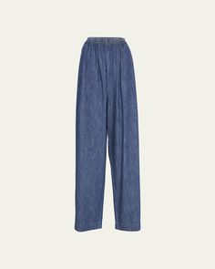 Eskandar Japanese trousers in denim    Mid rise sits high on hip    Elasticized waistband    Side slip pockets    Straight legs    Cropped length    Pullon style    Cotton    Dry clean    Made in Poland High Waist Pull-on Pants For Elevated Casual, High Waist Pull-on Style Bottoms For Smart Casual, High Waist Pull-on Bottoms For Elevated Casual, High Waist Bottoms For Elevated Casual, Elevated Casual High Rise Bottoms With Elastic Waistband, High Rise Bottoms With Elastic Waistband For Elevated Casual, Spring Linen Straight Leg Jeans, Casual Linen Pants With Five Pockets, Medium Wash Casual Pants With Pockets