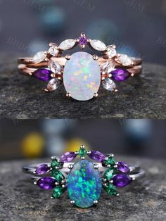 three different types of engagement rings with opal and diamonds on the sides, one in gold