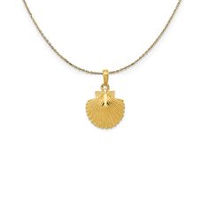 Capturing the perfection of nature's own design in a timeless true to life seashell sculpted in polished 14k gold. This textured seashell pendant measures approximately 16mm (5/8 Inch) wide by 23mm (15/16 Inch) long, which includes the tapered bail. Includes a 20 inch long, 0.9mm wide, solid 14k yellow gold cable chain with a spring ring clasp. Seashell Pendants, Snake Chain Bracelets, Bow Jewelry, Scallop Shells, Cross Bracelet, Yellow Gold Pendants, Gold Polish, Shell Necklaces, Love Necklace