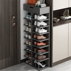 an organized shoe rack in the corner of a kitchen